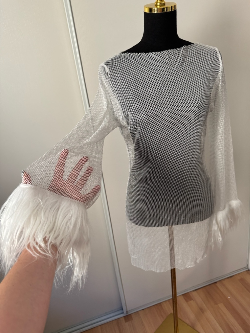 Sheer Fuzzy Cuff Long Sleeve Top in White Sparkly Fishnet
